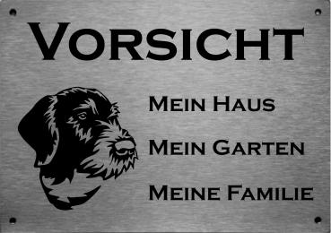 Edelstahl Warnschild Deutsch Drahthaar VORSICHT Mein Haus mein Garten meine Familie